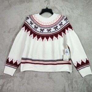 CeCe Fair Isle Bow Sweater Womens Large Glamour Red Festive Holiday Gorpcore New